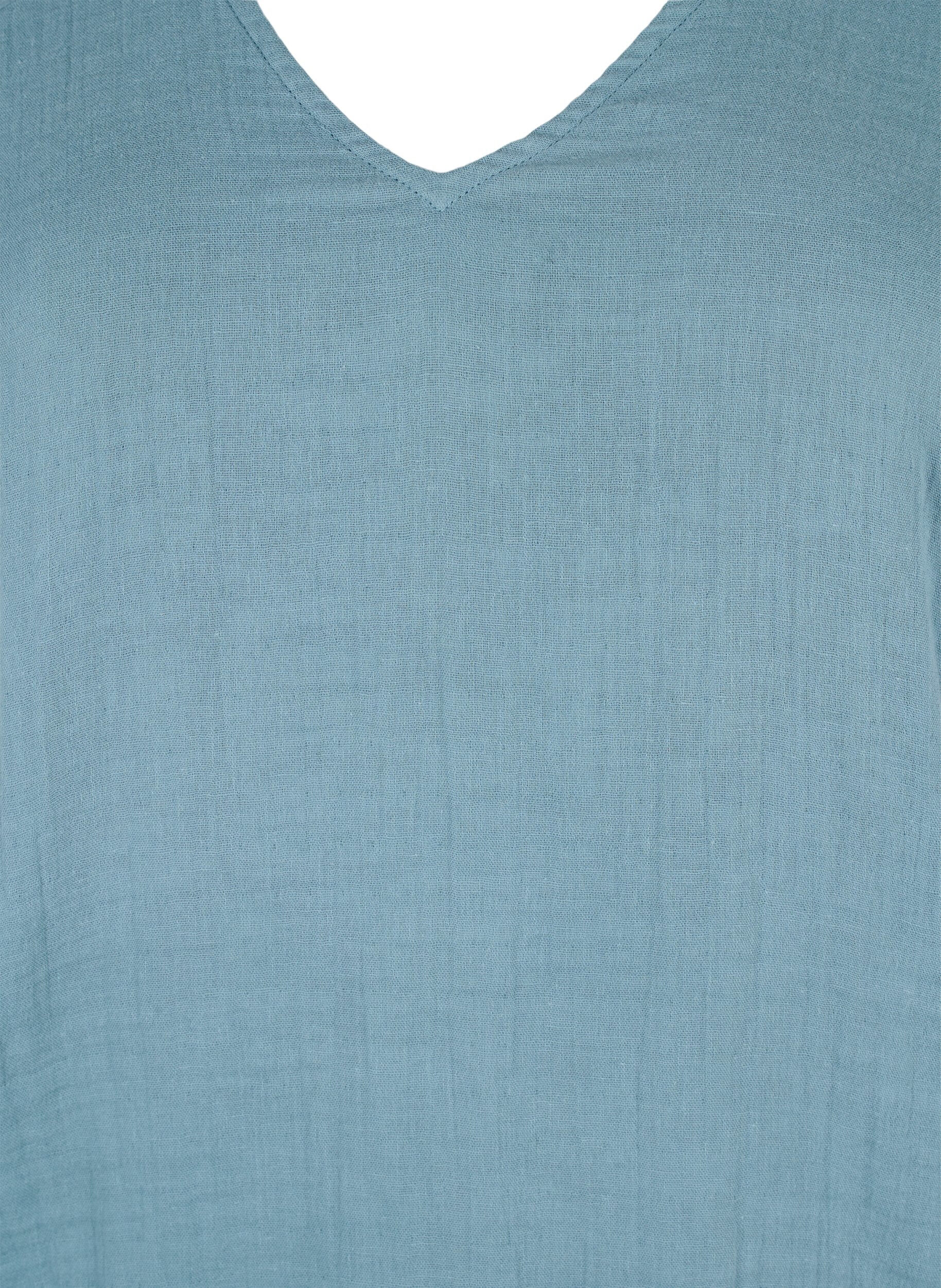 Zizzi Bluse i bomuld med broderi og korte &aelig;rmer, Smoke Blue, Packshot image number 2