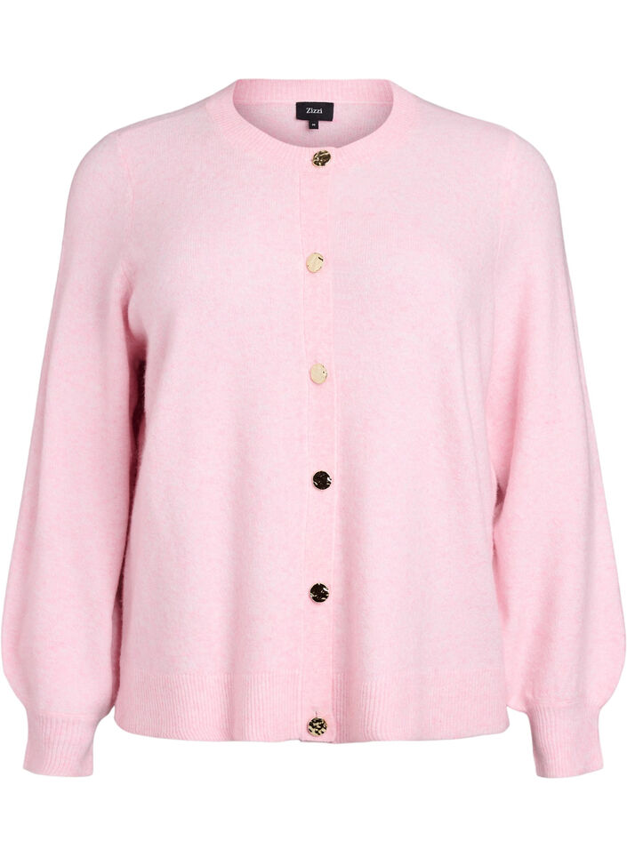 Cardigan i bl&oslash;d strik med guldfarvede knapper, Lyser&oslash;d, Packshot image number 0