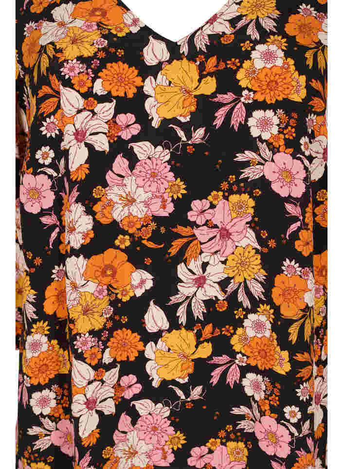 Blomstret viskose kjole med 3/4 ærmer, Black Flower AOP, Packshot image number 2
