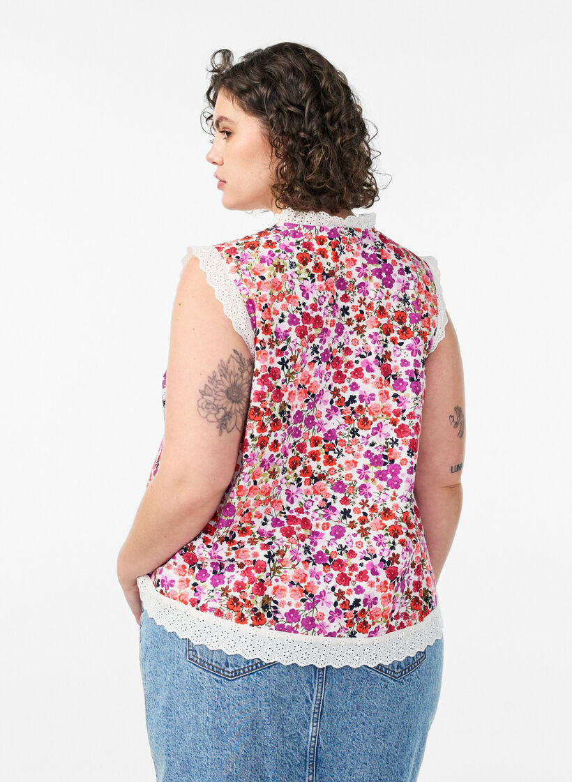 &AElig;rmel&oslash;s bomuldsbluse med blomsterprint og broderie anglaise, Lyser&oslash;d, Model image number 2