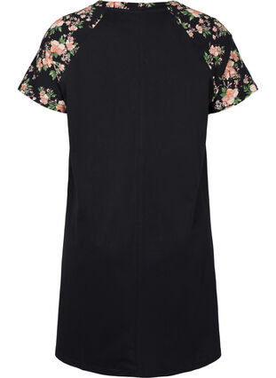 Kortærmet bomulds natkjole med printdetaljer, Black Flower, Packshot image number 1