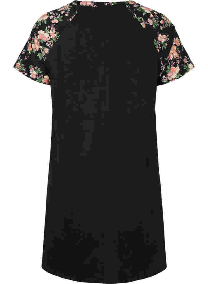 Kortærmet bomulds natkjole med printdetaljer, Black Flower, Packshot image number 1
