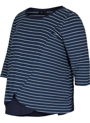 Stribet graviditets bluse med 3/4 ærmer, Blue Stripe , Packshot image number 0