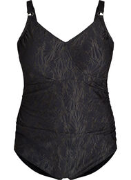 Badedragt med wrapdetalje og tone-i-tone blomsterstruktur, Gr&aring;