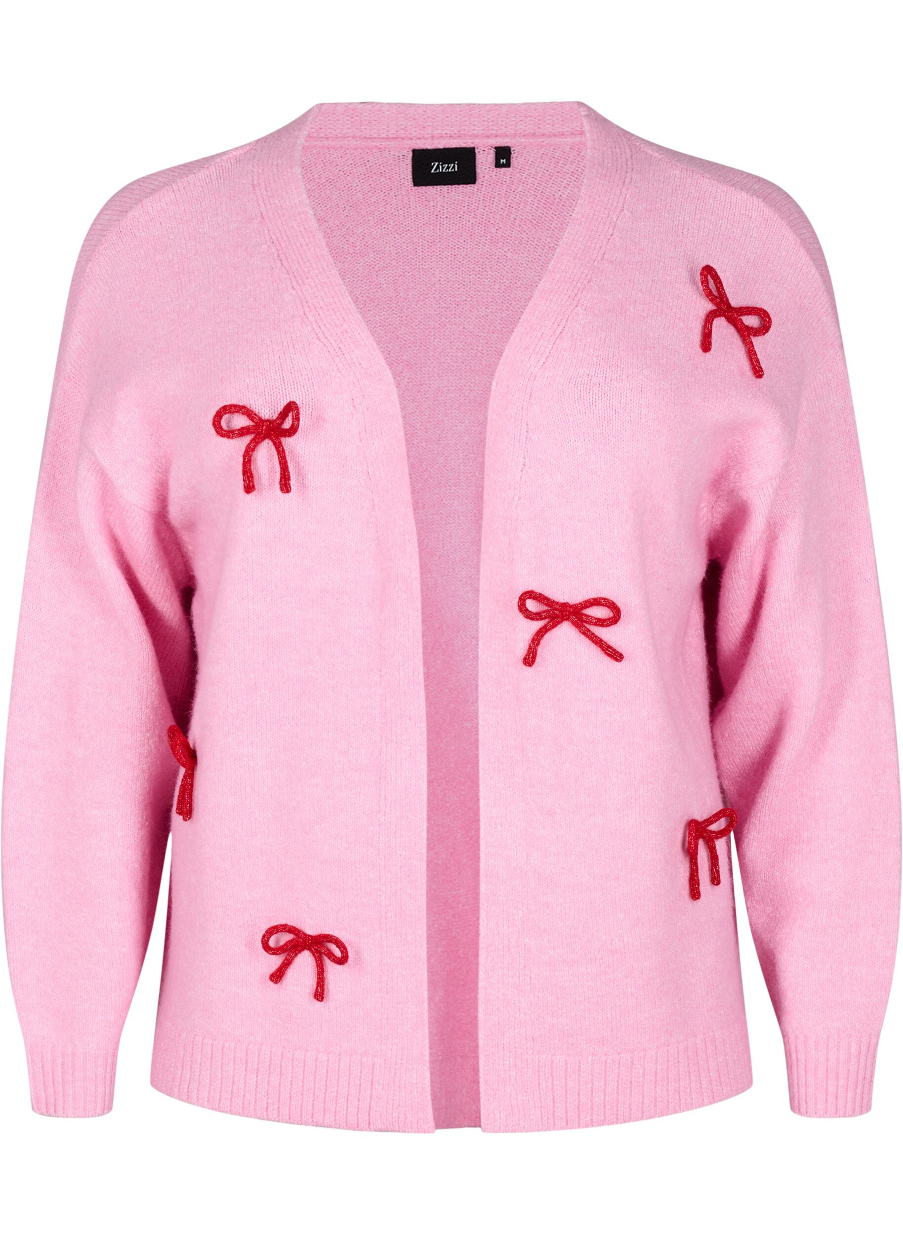 Zizzi Kort strikcardigan med sl&oslash;jfer, Begonia Pink Comb, Packshot image number 0