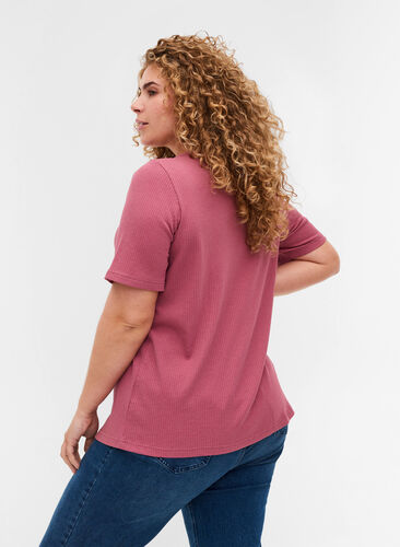 Kortærmet rib t-shirt med knapper, Deco Rose, Model image number 1