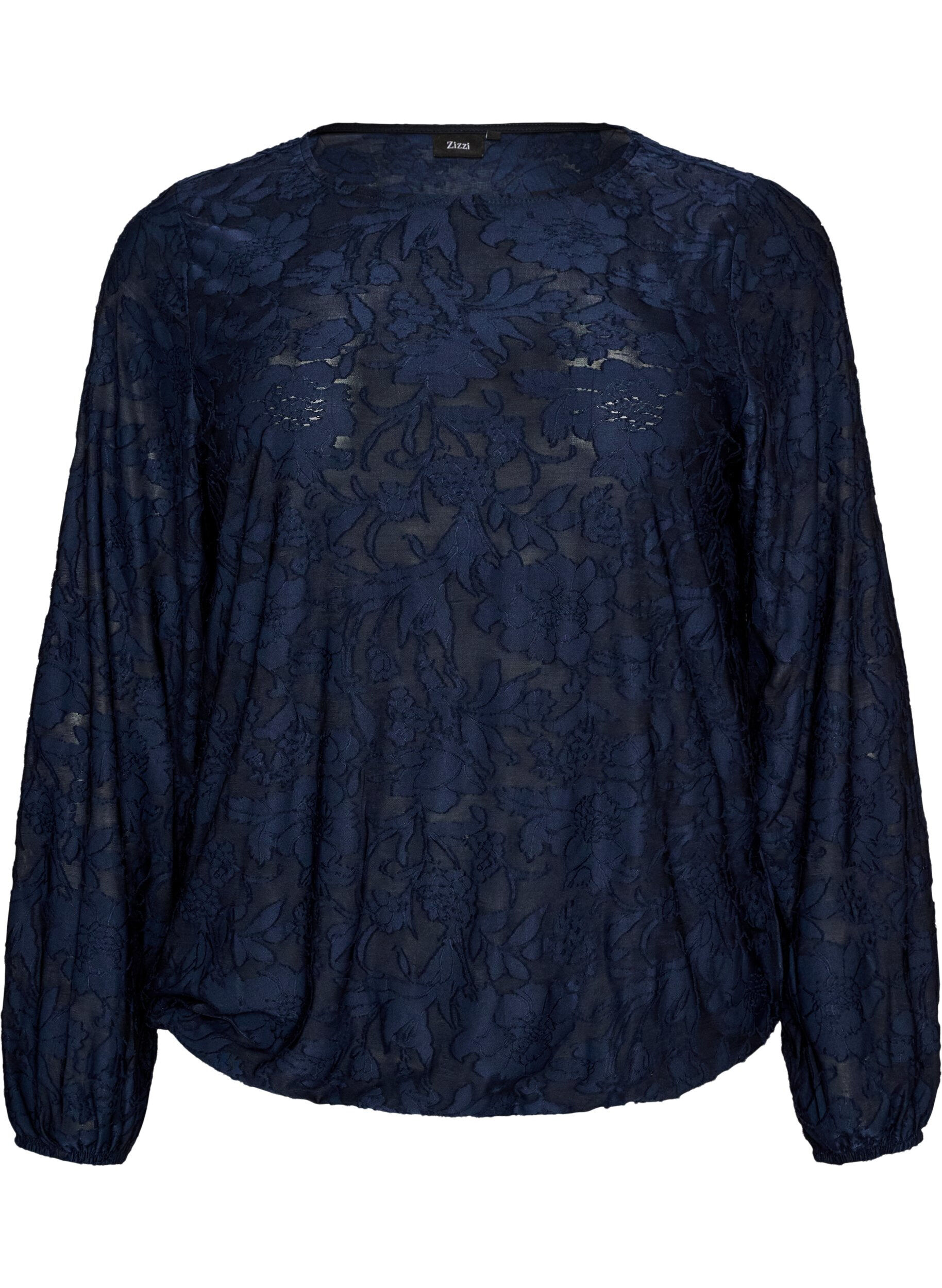 Transparent bluse med blomsterstruktur og lange &aelig;rmer