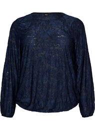 Transparent bluse med blomsterstruktur og lange &aelig;rmer, Bl&aring;