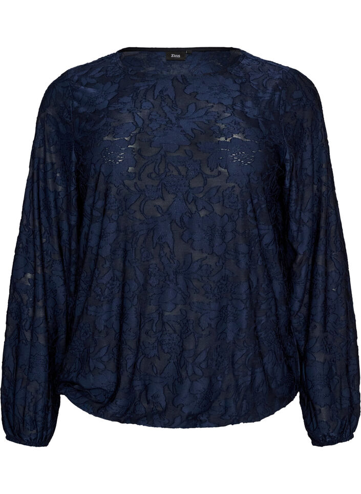 Transparent bluse med blomsterstruktur og lange &aelig;rmer, Bl&aring;, Packshot image number 0