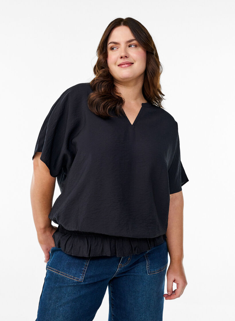 Bluse med korte ærmer og flæsekant, Sort, Model image number 0