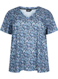 FLASH - Printet t-shirt med v-hals, Blue Green Ditsy