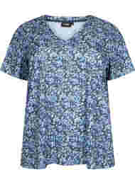 FLASH - Printet t-shirt med v-hals, Blue Green Ditsy