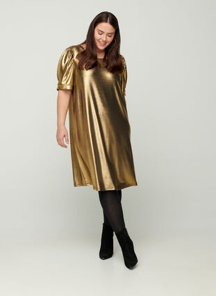 Kjole med korte pufærmer og a-form, Gold, Model image number 2
