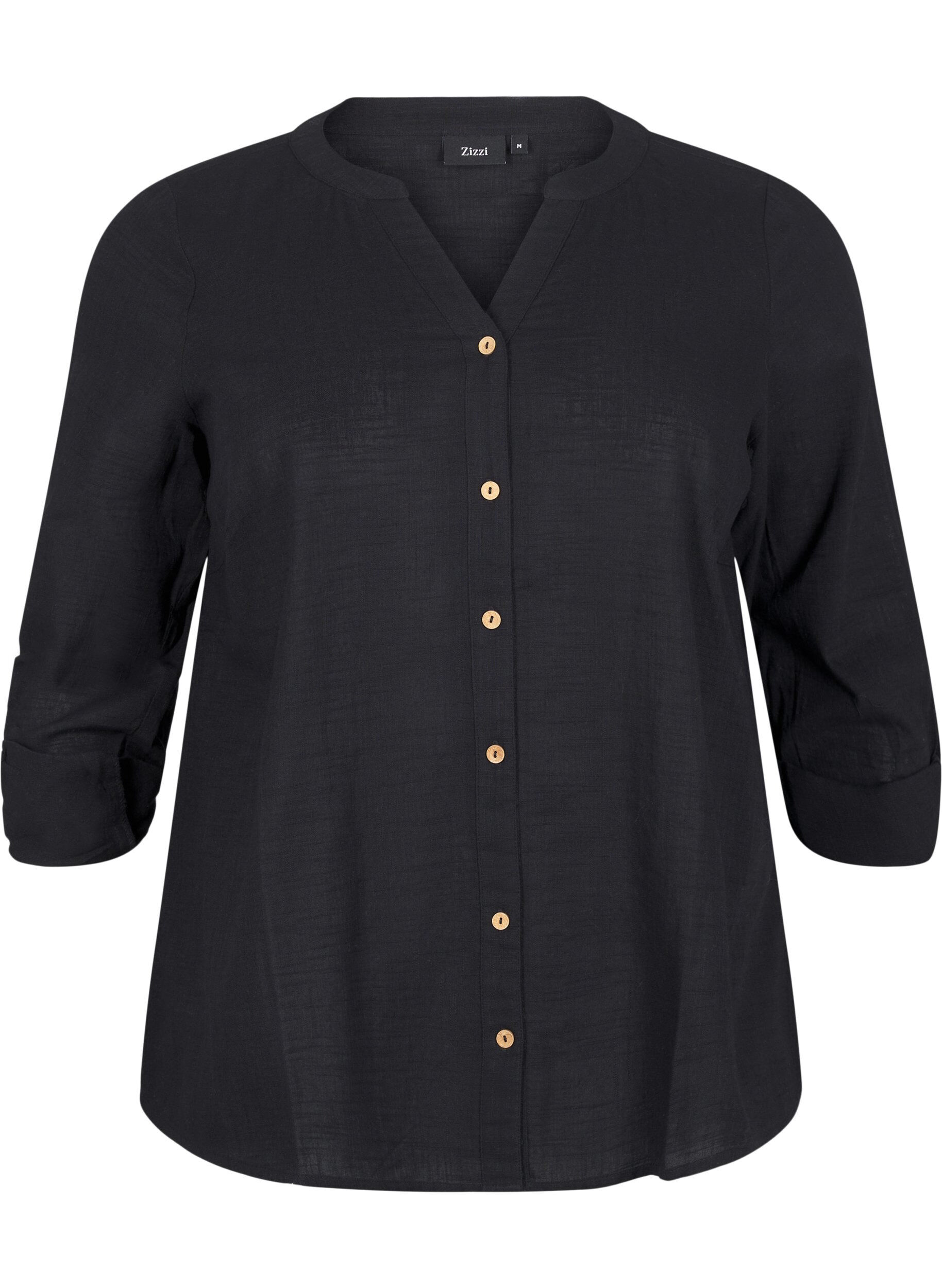 ZizziSkjortebluse i bomuld med v-udsk&aelig;ring, Sort, Packshot image number 0