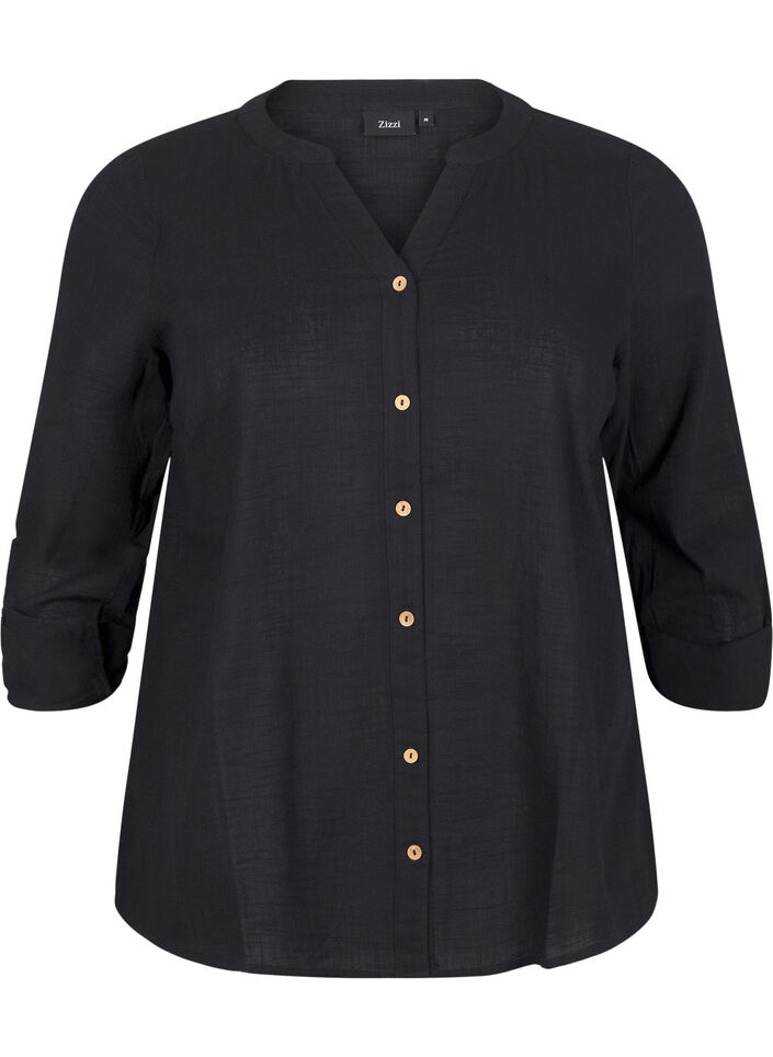 Skjortebluse i bomuld med v-udsk&aelig;ring, Sort, Packshot image number 0