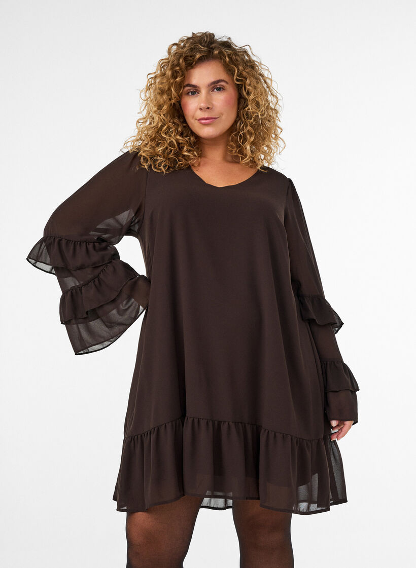 Kort kjole med transparente fl&aelig;se&aelig;rmer, Brun, Model image number 0