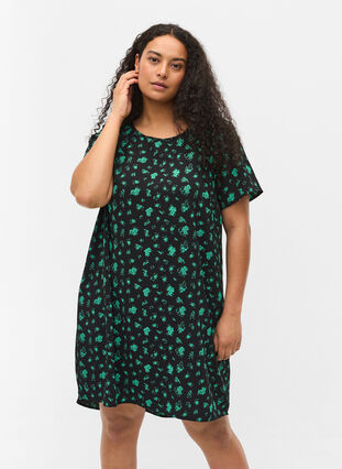 Printet kjole med korte ærmer, Green Flower AOP, Model image number 0