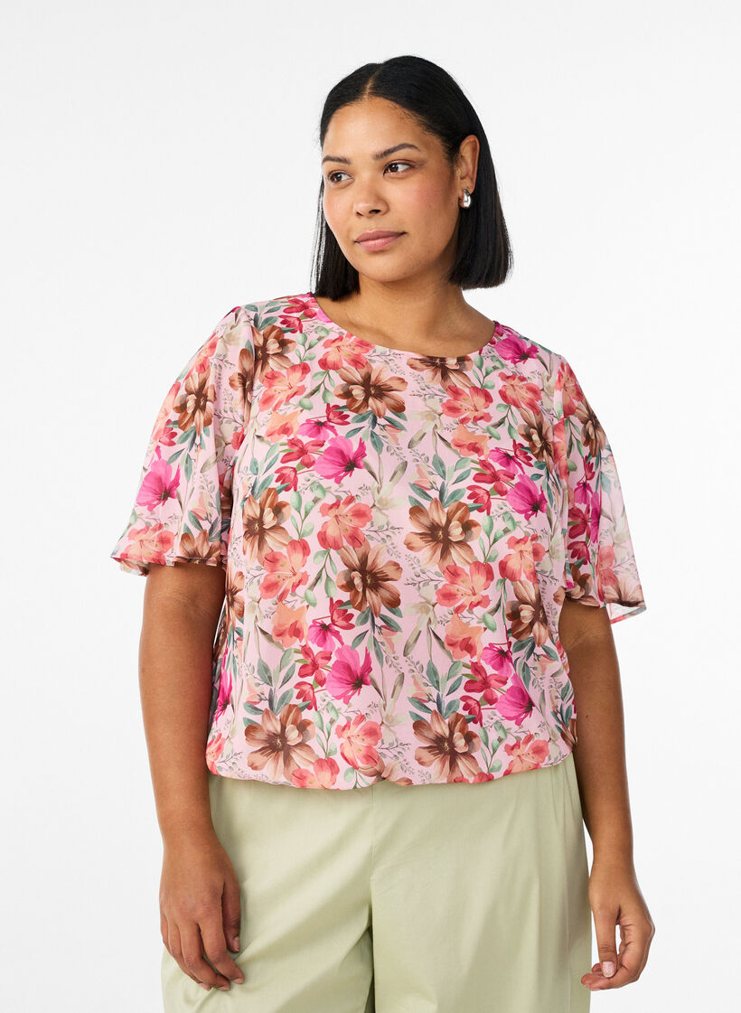 Blomstret bluse med korte &aelig;rmer og smock, Lyser&oslash;d, Model image number 0