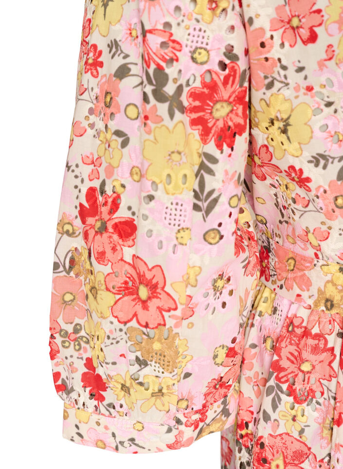 Blomstret midikjole med broderie anglaise og bindeb&aring;nd, Lyser&oslash;d, Packshot