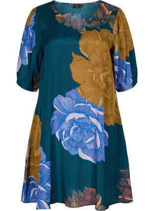 Blomstret viskose kjole med korte ærmer, Reflecting Pond AOP, Packshot image number 0