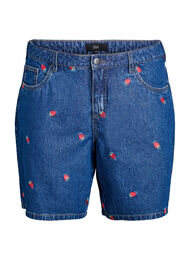 Denim shorts med broderede jordb&aelig;r, Bl&aring;