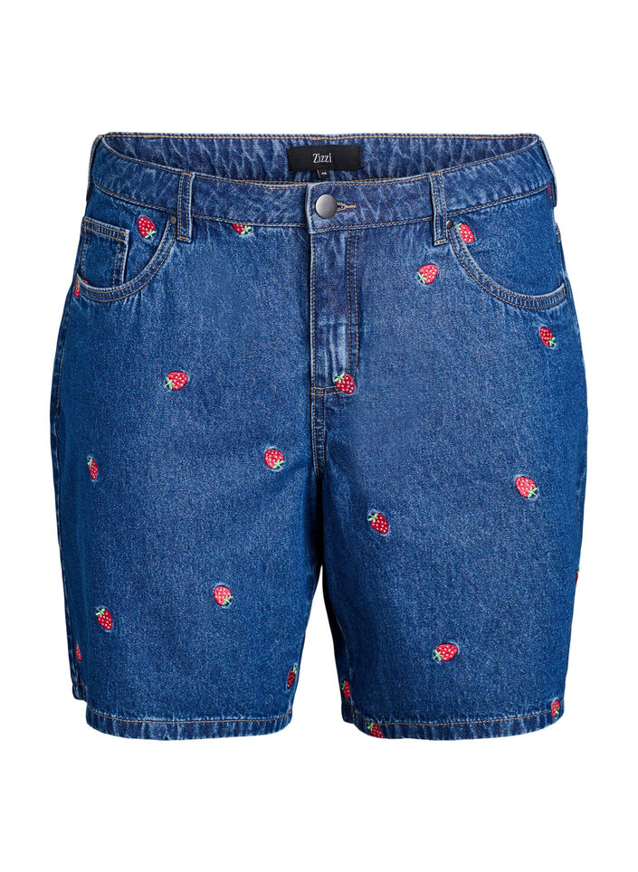Denim shorts med broderede jordb&aelig;r, Bl&aring;, Packshot image number 0
