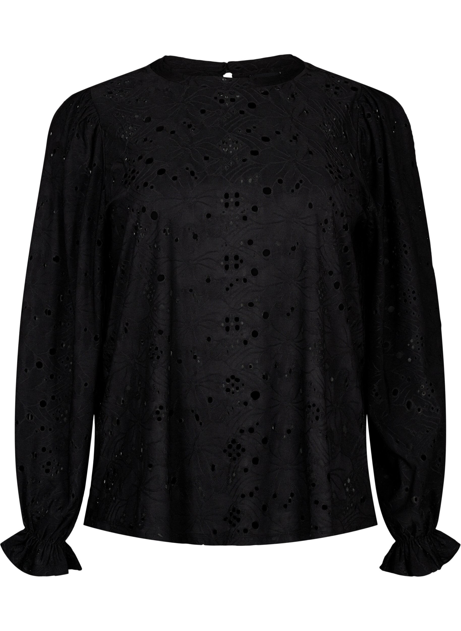 Zizzi Lang&aelig;rmet bluse med hulm&oslash;nster, Black, Packshot image number 0