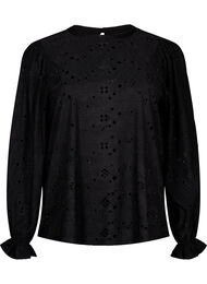 Langærmet bluse med hulmønster, Black