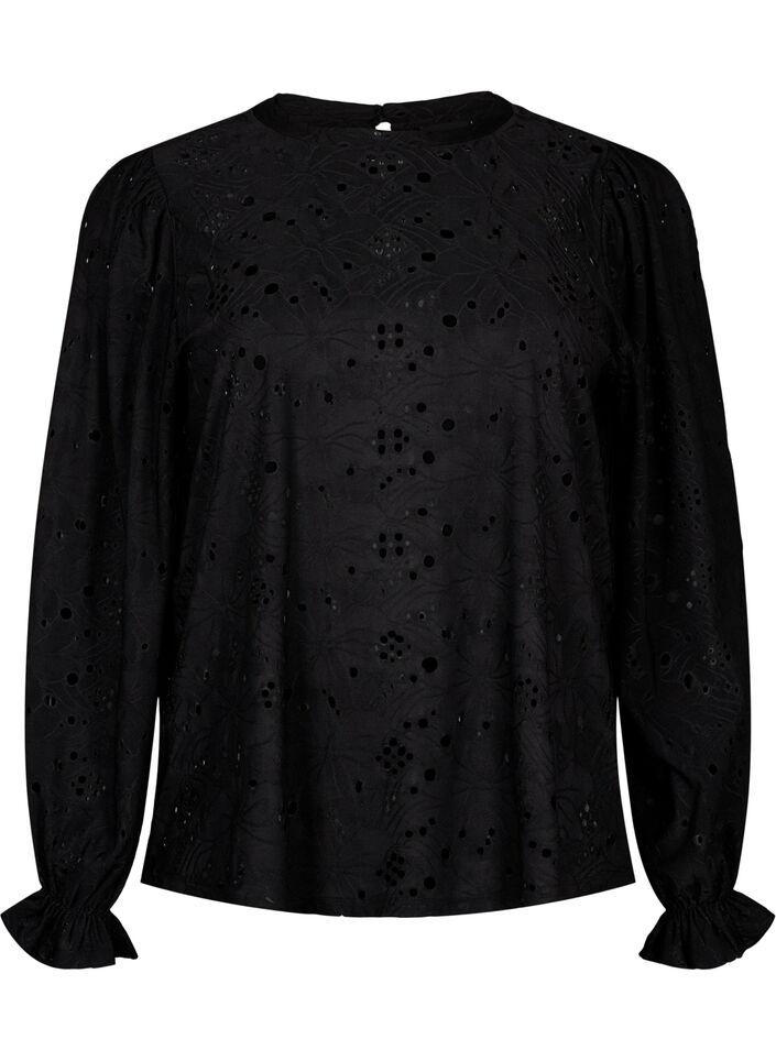 Langærmet bluse med hulmønster, Black, Packshot image number 0