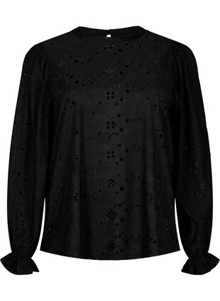 Langærmet bluse med hulmønster, Black, Packshot image number 0