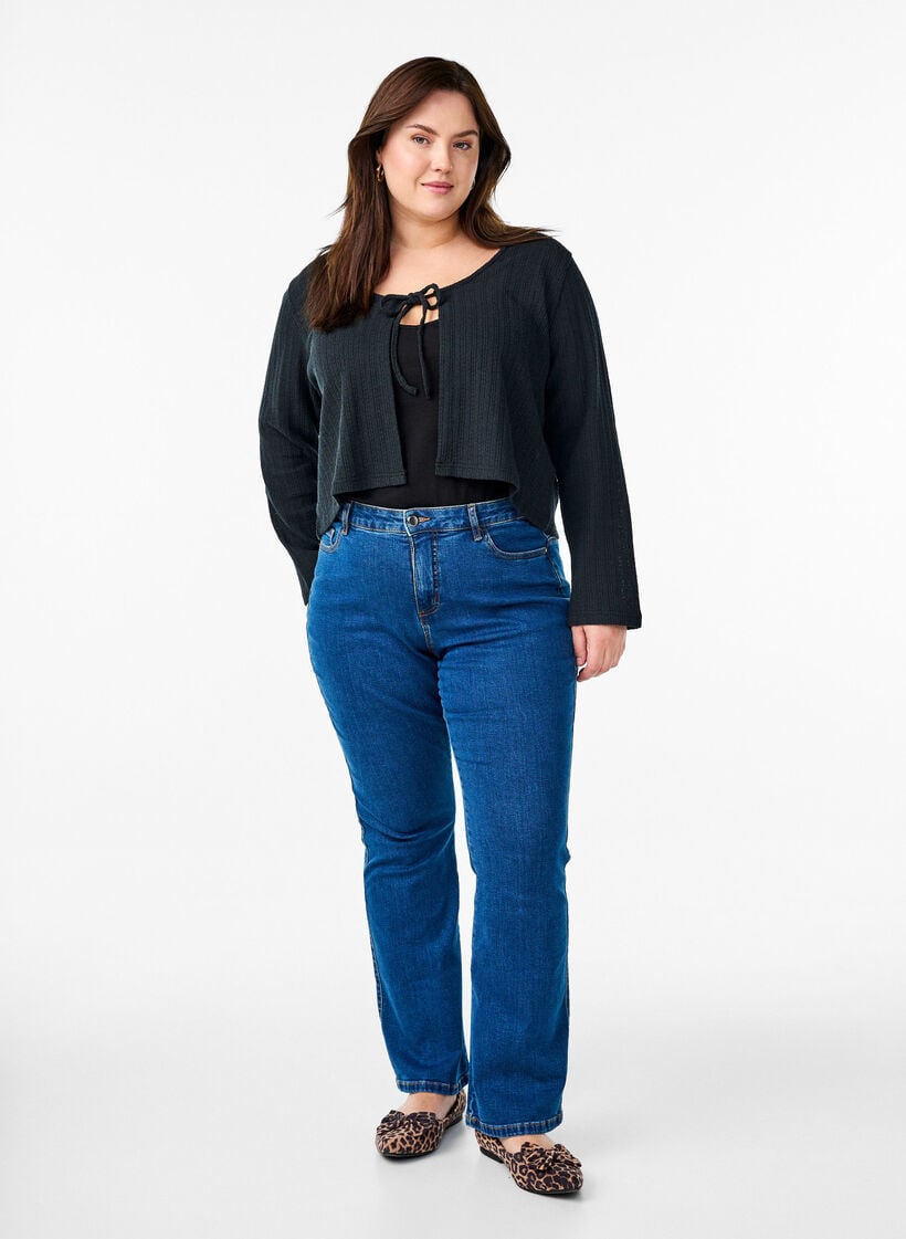 Jerseycardigan med struktur og bindeb&aring;nd, Sort, Model image number 1