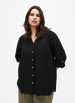 Skjortebluse med knaplukning i bomuldsmix med hør, Black, Model image number 0