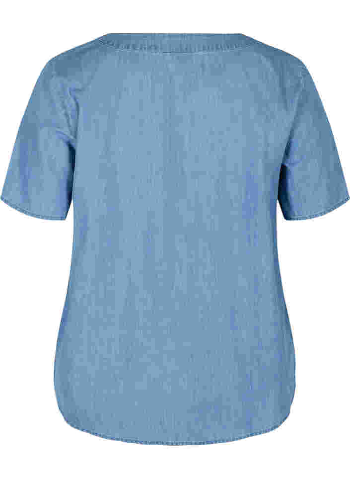Kortærmet denim bluse i bomuld, Medium Blue Denim, Packshot image number 1