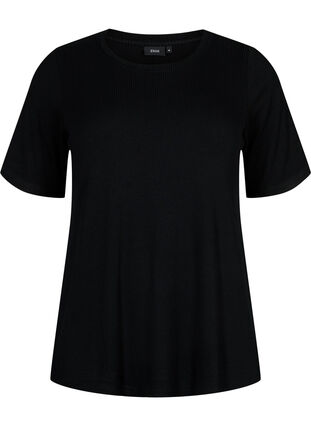 T-shirt i viskose med ribstruktur, Black, Packshot image number 0