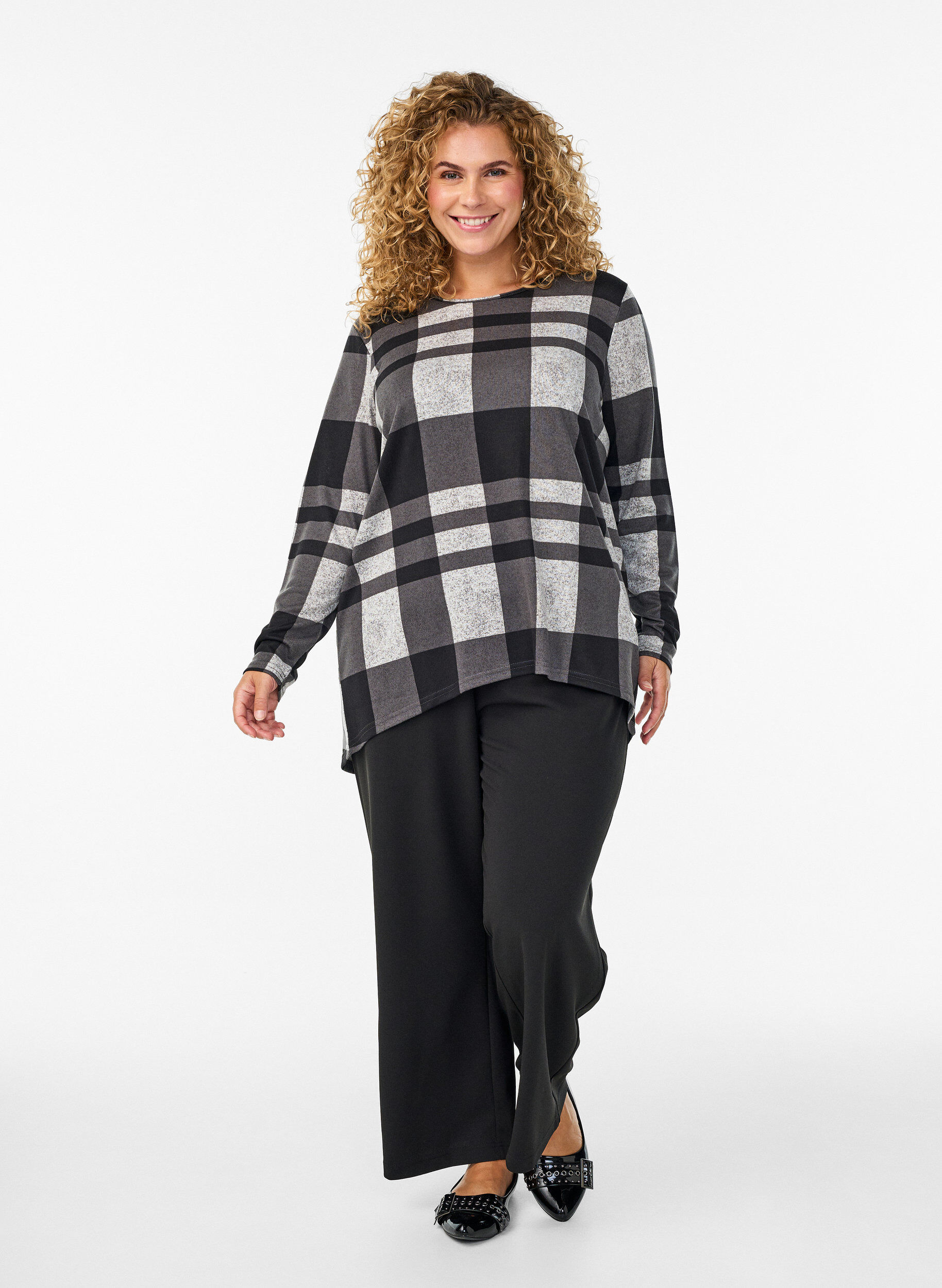 Zizzi M&oslash;nstret bluse med lange &aelig;rmer, Gr&aring;, Model image number 1