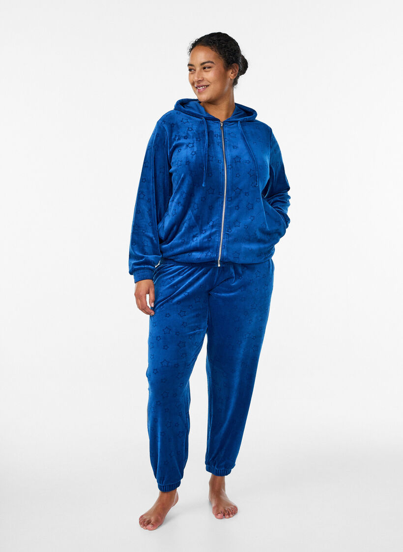 Velour cardigan med hætte og lommer, Blå, Model image number 1