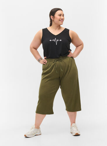 Løse culotte bukser i ribkvalitet, Ivy Green, Model image number 0