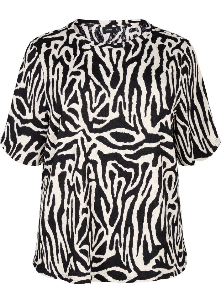 Kort&aelig;rmet bluse med m&oslash;nster, Sort, Packshot image number 0
