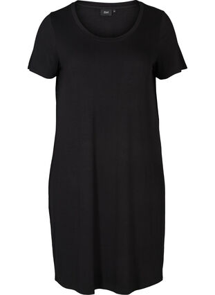 Ensfarvet kjole med korte ærmer, Black, Packshot image number 0