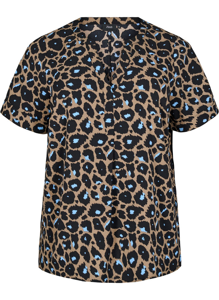 Kortærmet bluse med v-udskæring , Brun, Packshot image number 0