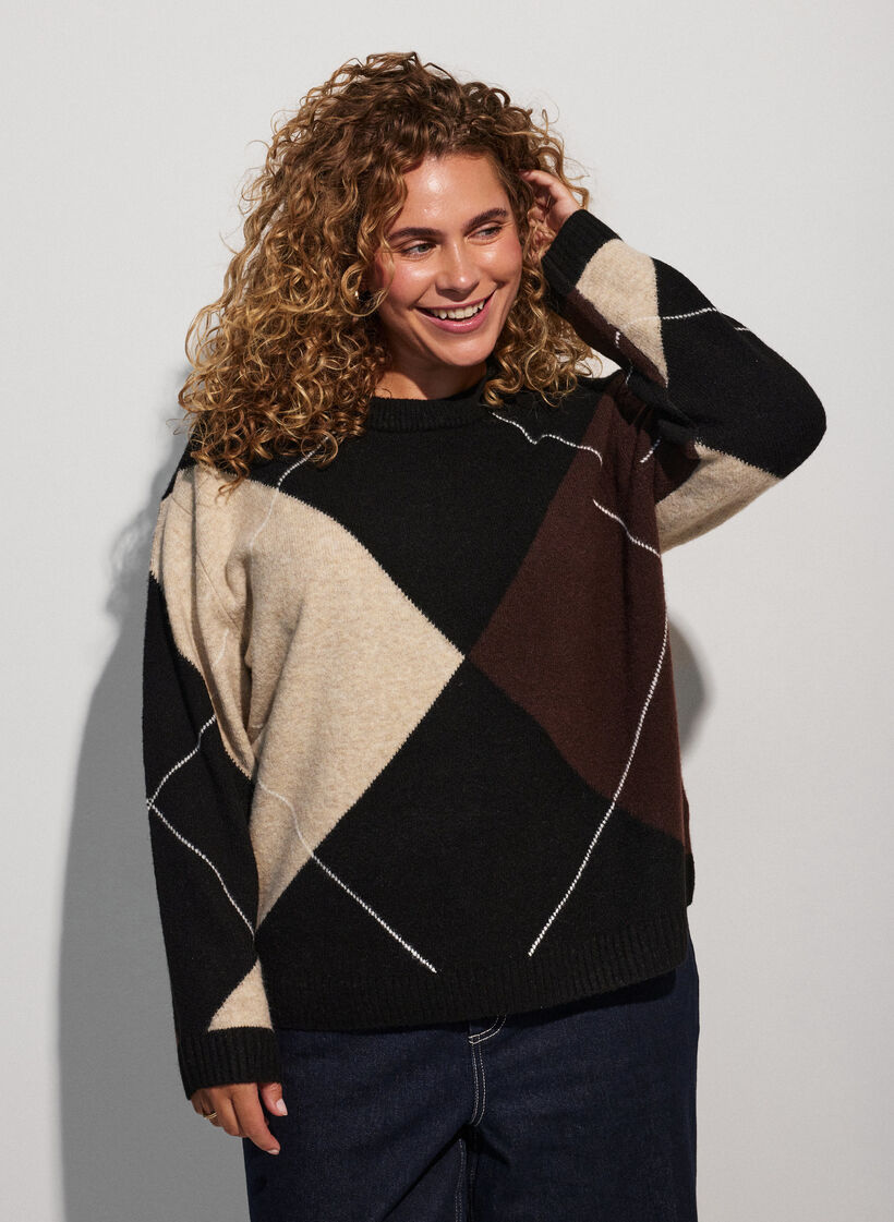 Strikbluse med harlekinm&oslash;nster, Sort, Model image number 0