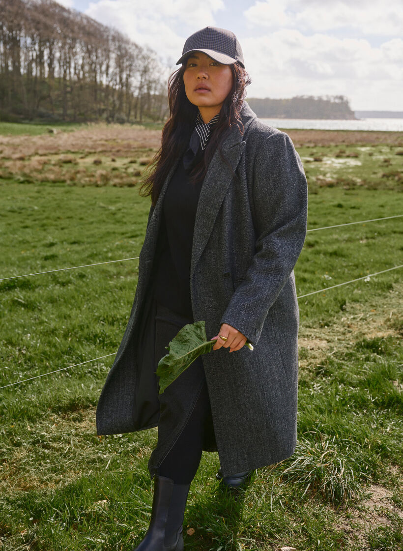 Lang frakke med uld og sildebensmønster, Dark Grey Melange, Image image number 0