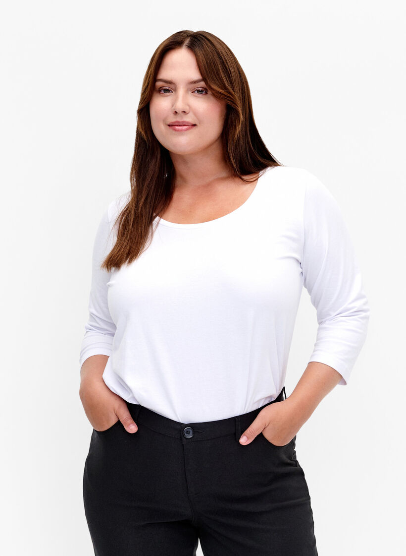 Basis bomulds t-shirt med 3/4 &aelig;rmer, Hvid, Model image number 0