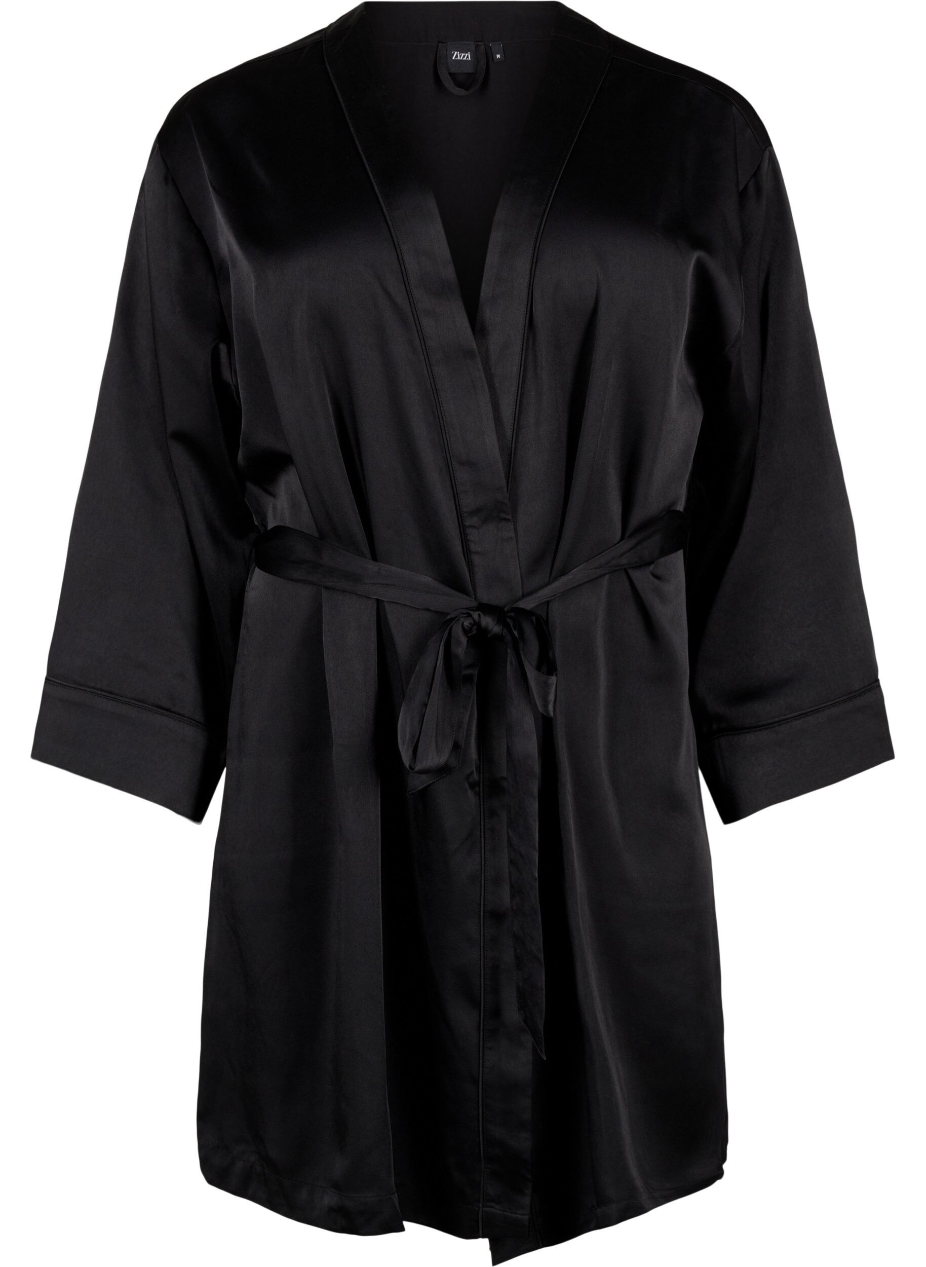 Zizzi Satin kimono med b&aelig;lte, Black, Packshot image number 0