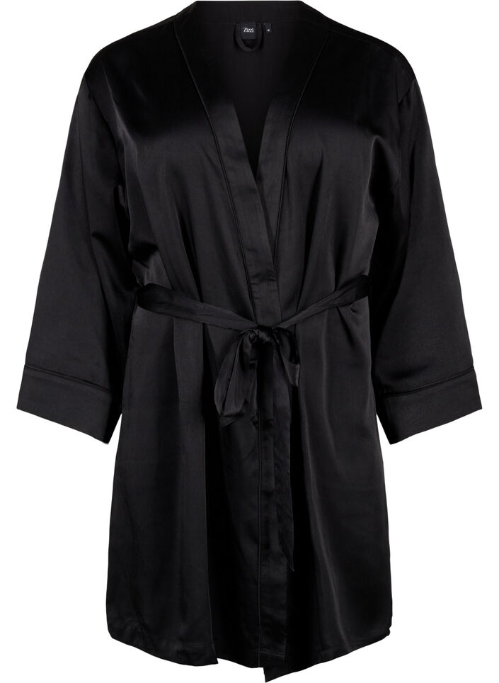 Satin kimono med bælte, Black, Packshot image number 0