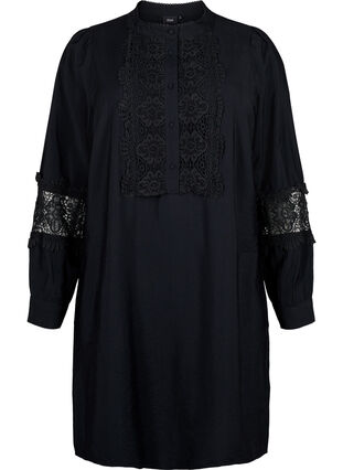 Kjole i viskose med crochetdetaljer, Black, Packshot image number 0