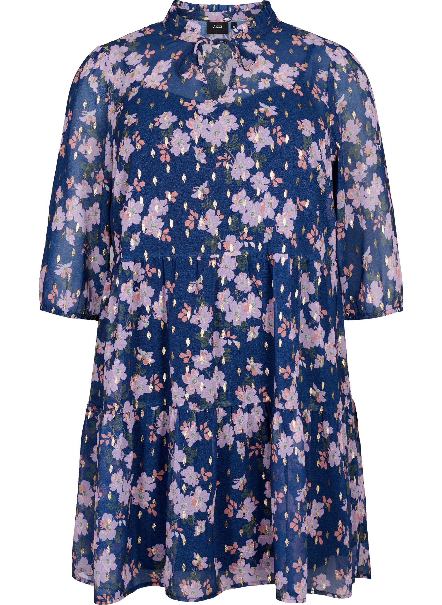 Zizzi Tunika med blomsterprint og lurex, Blue Small Fl. AOP, Packshot image number 0