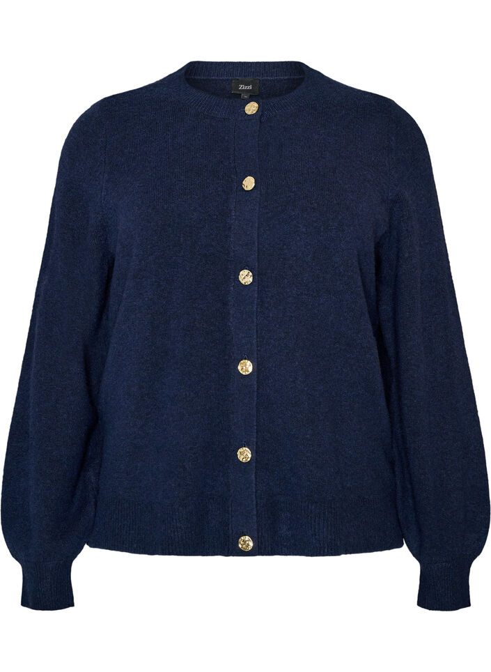 Cardigan i bl&oslash;d strik med guldfarvede knapper, Bl&aring;, Packshot image number 0