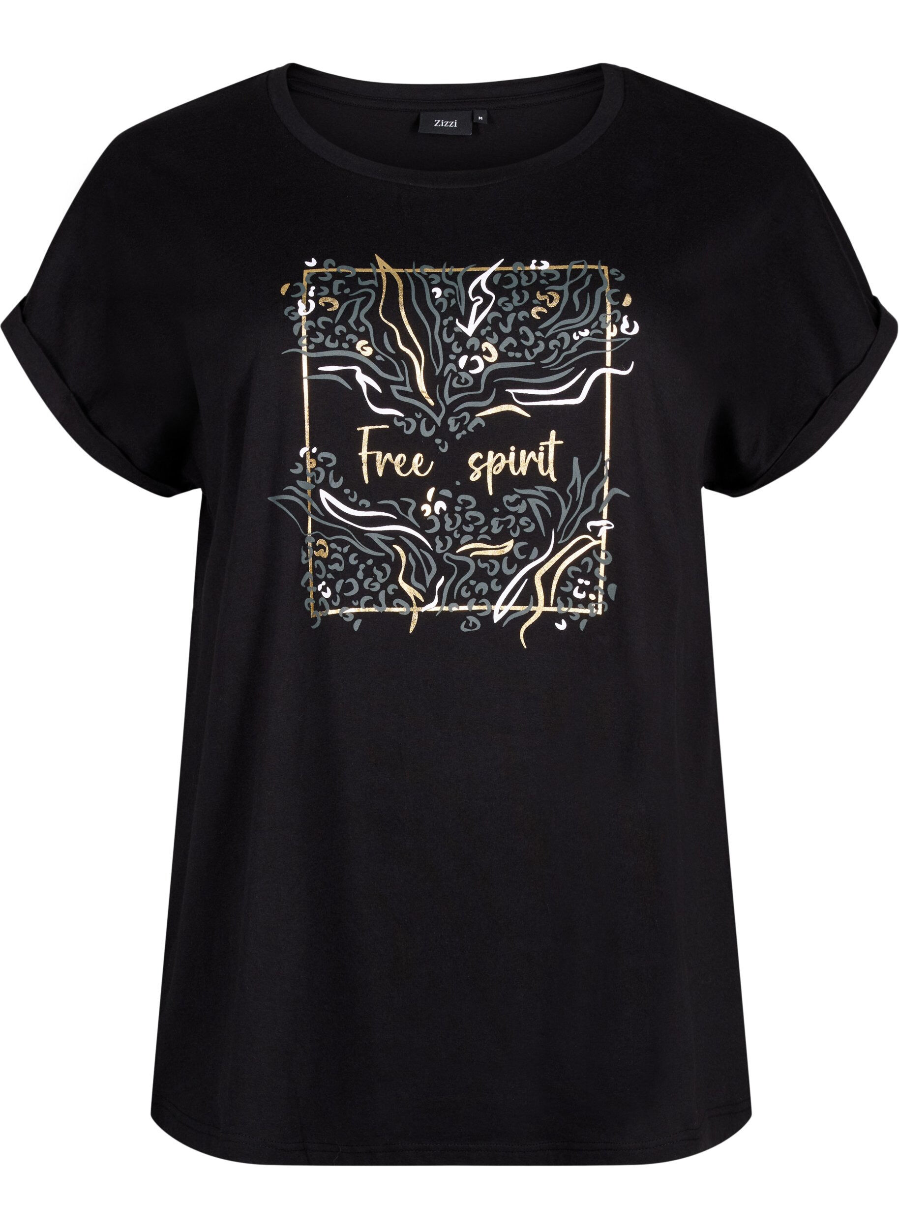 Zizzi T-shirt i &oslash;kologisk bomuld med guldtryk, Black W. Free, Packshot image number 0