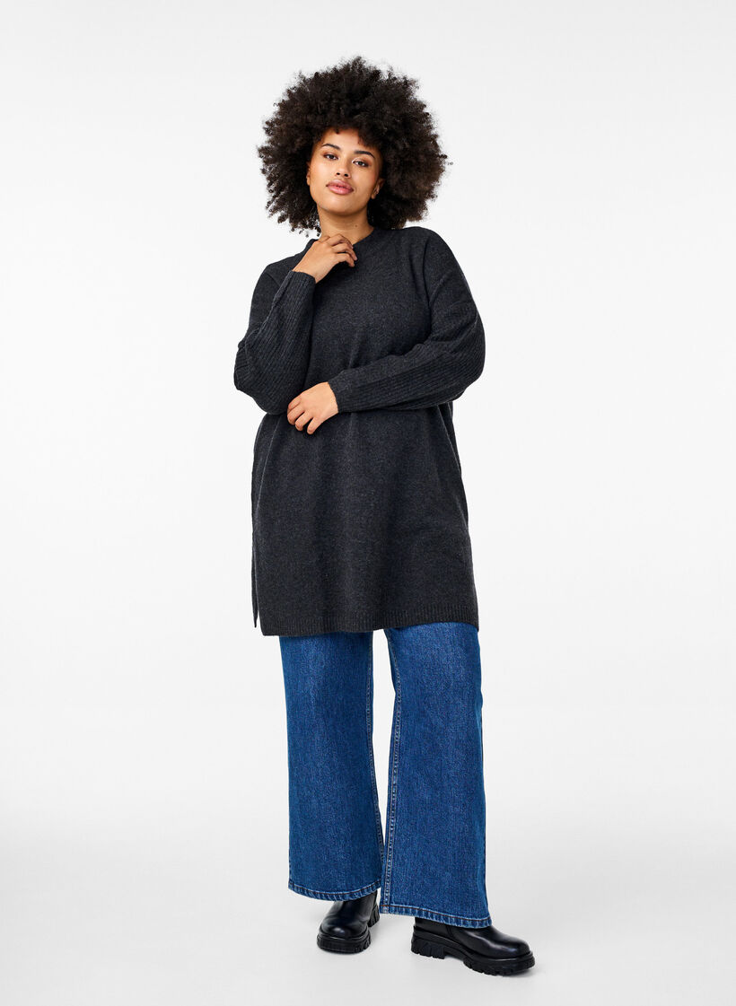 Lang strikbluse med lange ærmer, Dark Grey Melange, Model image number 2